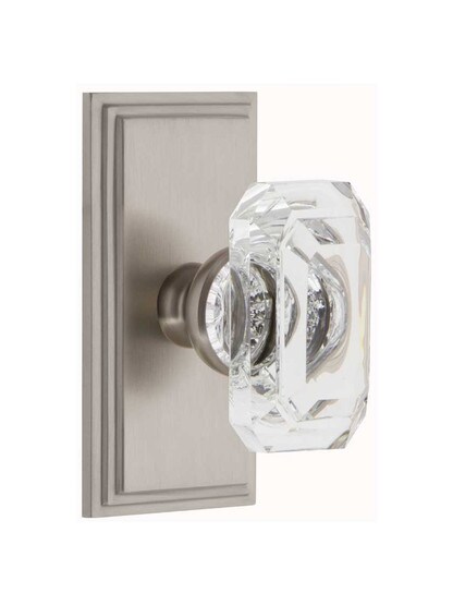 Grandeur Carre Rosette Door Set with Clear Crystal-Glass Baguette Knobs in Satin Nickel.